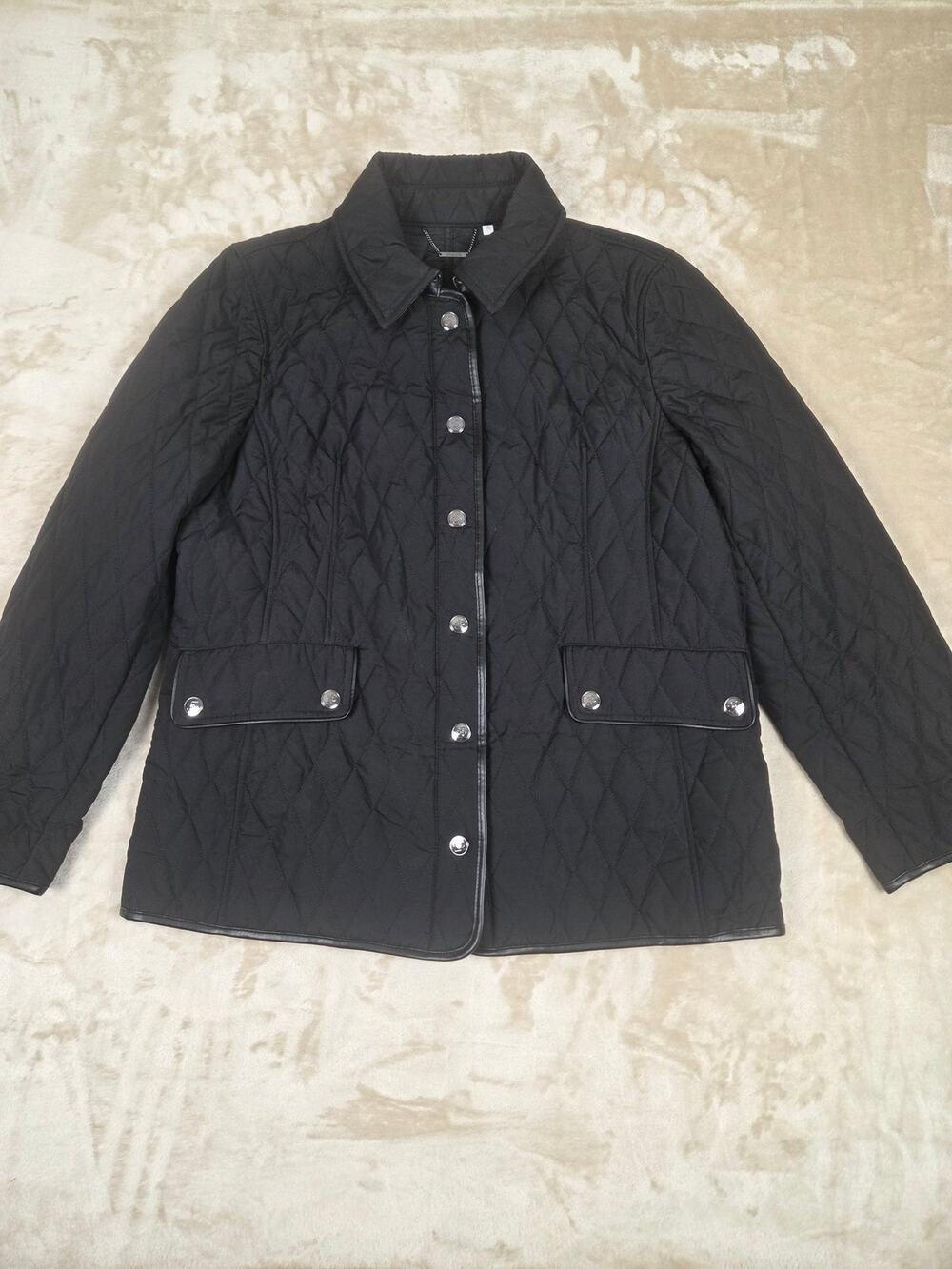 Chico's Black Diamond Quilted Barn Jacket Faux Leather Trim Size Large